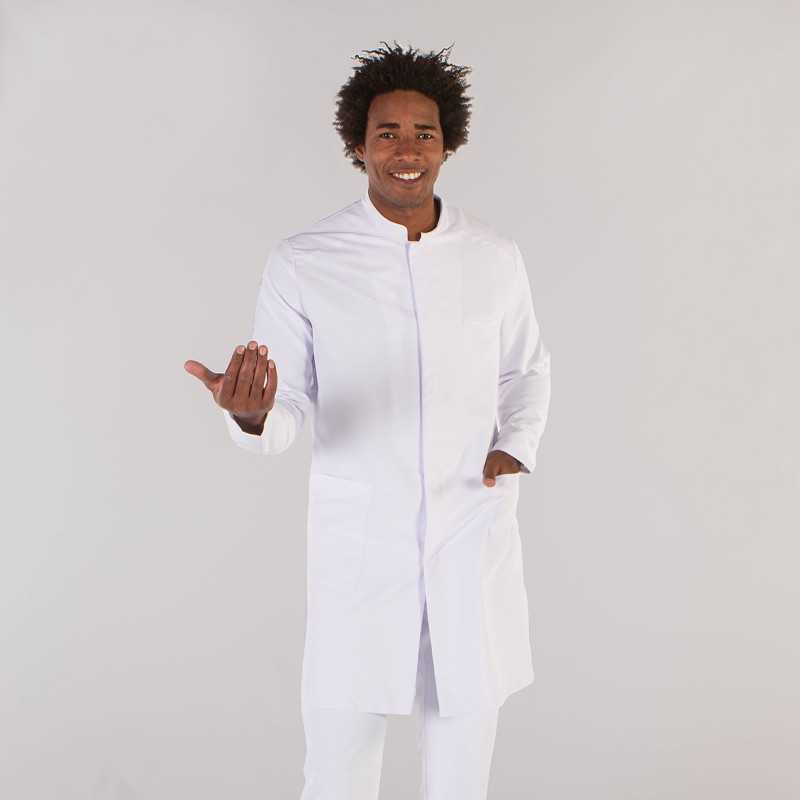 Chaqueta blanca uniforme hombre manga larga microfibra. Uniformes caballero  clínicas.