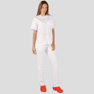 Conjunto Pijama Sanitario Unisex abotonado Sarga Blanca
